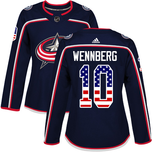 Adidas Blue Jackets #10 Alexander Wennberg Navy Blue Home Authentic USA Flag Women's Stitched NHL Jersey - Click Image to Close